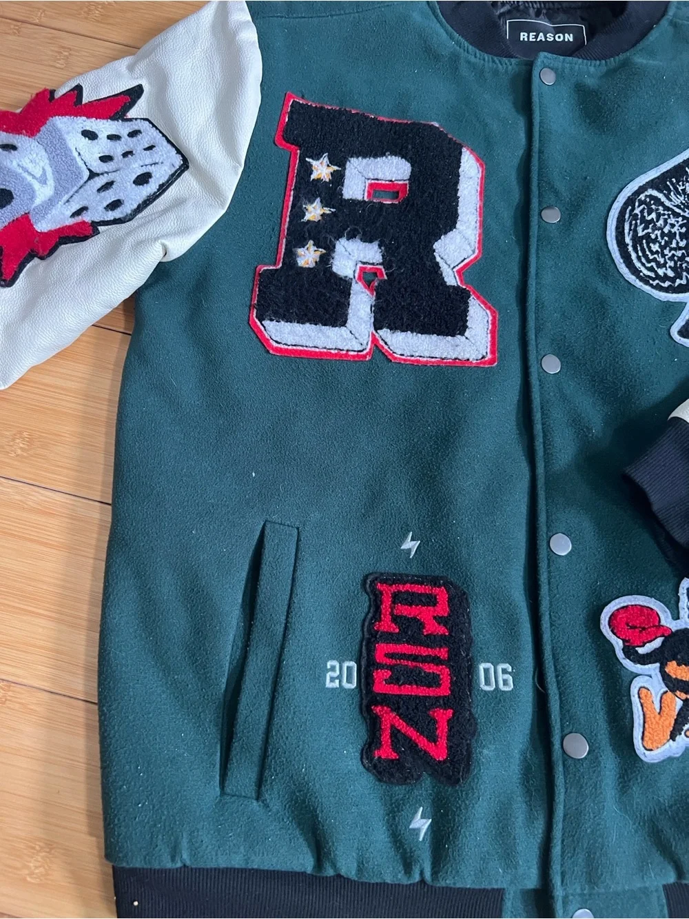 Reason Green & Cream Patchwork Varsity Bomber Jacket
